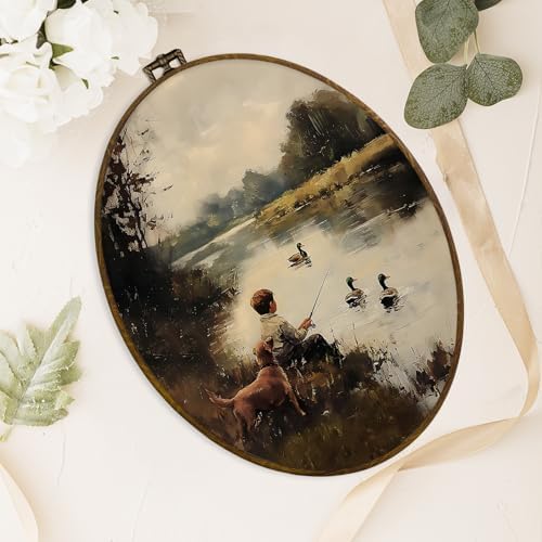dvhdajed Mallard Duck Boy Fishing Oval Wall Art Decor,Rustic Farmhouse Duck Hunting Framed Canvas Art,Country Dog and Boy Nature Aesthetic Wall Hanging Decor for Boys Room Bedroom Bathroom,8.7x11.3 - Image 4