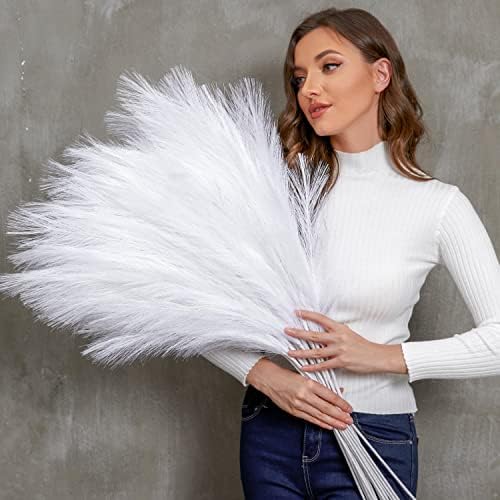 Faux Pampas Grass, 9 PCS 37''/3.1FT Tall Fluffy Fake Pompas Floral, Large Artificial Pompous Grass Branches for Floor Vase Fillers, Boho Farmhouse Room Wedding Decor (White) by QUBITFUL
