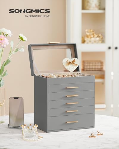 SONGMICS Jewelry Box Organizer, 6-Layer Storage with 5 Drawers, Glass Lid - Image 2