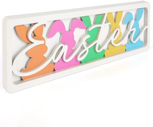 Vintage Happy Easter Decorations for Office, Home, Table, Mantel, Shelf, Desk, 3 1/2 x 11 Inch Retro Bunny Sign, Wooden Spring Bunnies Decor Sign, Farmhouse Pink Decoration (Colorful Bunnies) by COCHIE