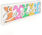 Vintage Happy Easter Decorations for Office, Home, Table, Mantel, Shelf, Desk, 3 1/2 x 11 Inch Retro Bunny Sign, Wooden Spring Bunnies Decor Sign, Farmhouse Pink Decoration (Colorful Bunnies) by COCHIE
