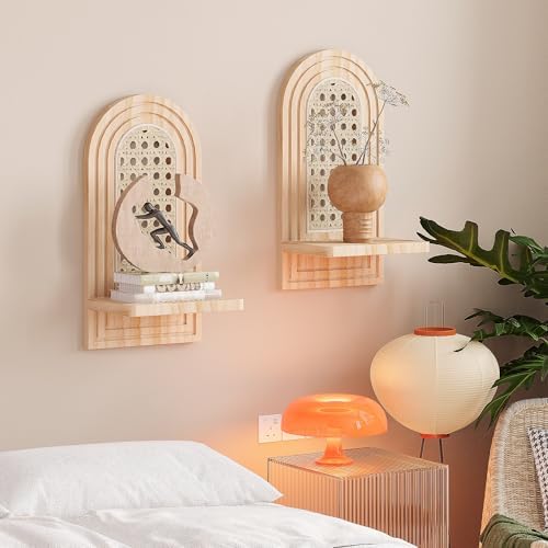Rattan Wall Shelf Set of 2, 7'' Natural Floating Shelves Boho Decor, Rustic Wood Arched Rattan Wall Mounted Storage Shelves for Plant Figurines Display, Wicker Shelf for Living Room Nursery Bedroom - Image 2