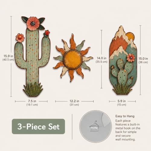 flangairy 3 Pcs Metal Cactus Wall Art, Southwestern Decor for Living Room - Image 3