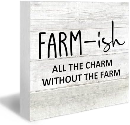 Rustic Farmhouse Wood Box Sign, Farmhouse Desk Shelf Decor, Farm-Ish All the Charm without the Farm Wooden Block Plaque Box Sign for Farmhouse Home Living Room Bedroom Table Decor by DUXMNAMG