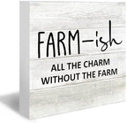 Rustic Farmhouse Wood Box Sign, Farmhouse Desk Shelf Decor, Farm-Ish All the Charm without the Farm Wooden Block Plaque Box Sign for Farmhouse Home Living Room Bedroom Table Decor by DUXMNAMG
