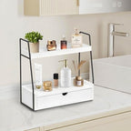 2-Tier Bathroom Countertop Organizer with Drawer, Wood Vanity Shelf White - Image 4