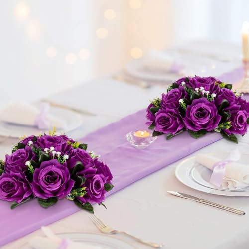 BLOSMON Flower Balls Wedding Rose Centerpieces 10 Pcs Purple Fake Flowers with Base Kissing Balls Decor Artificial Floral Arrangements Flower Bouquet of Roses Home Party Table DIY Decorations - Image 3