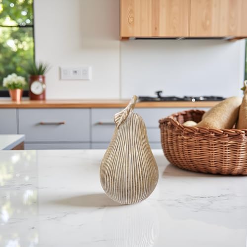 Brown-White Striped Pear Figurine, Modern Resin Pear Sculpture for Home Decor, Decorative Fruit Statues Accent for Kitchen Counter, Dining Room, Coffee Table & Bookshelf Display - Image 3
