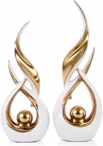 2 PCS White Gold Ceramic Statues For Home Decor Accents, Modern Abstract Art Sculptures, Elegant Tabletop Decorative Objects For Dining Room, Entryway, Tv Stand, Mantel, Coffee Table Centerpieces by LINYTHER