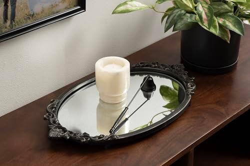 Kate and Laurel Arendahl Vintage Oval Mirrored Decorative Tray, 17 x 10, Antique Black, Traditional Ottoman Tray for Living Room Home Decor with Ornate Detailing - Image 3