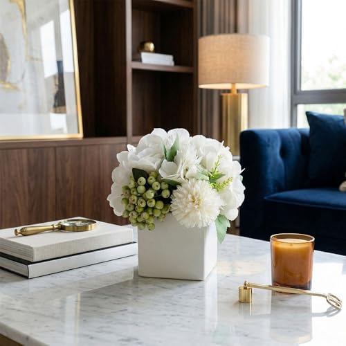 TKAS Fake Flowers Arrangement in Ceramic Vase, Artificial Faux Silk Hydrangea & Green Berries, Small Realistic Dried-Style Floral Centerpiece for Dining Table, Wedding Party Home Decoration (White) - Image 3