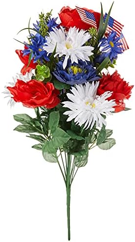 Admired by Nature 18 Stems Artificial Blooming Peony, Gerbera Daisy with Small American Flags, Fillers Mixed Flowers Bush for Memorial Day, Red/Blue/White by AdmiredbyNature