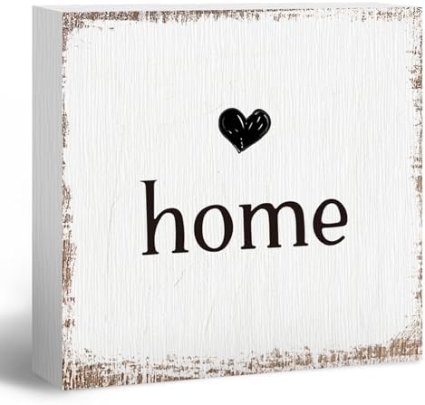 Home Sign, Home Signs for House Decor, Welcome Sign, Rustic Farmhouse Desk Decor Wood Block Box Plaque for Living Bedroom Room Wall Shelf, Housewarming Gifts, 8x8inch by ANIANG