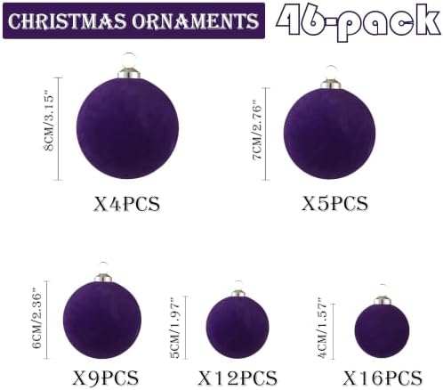 46Pcs Velvet Christmas Ball Ornaments Set - Flocked Shatterproof Christmas Tree Decorations Classic Hanging Ornaments with Rope for Xmas Wreath Holiday Home Decor (Multi-Size, Purple) - Image 2