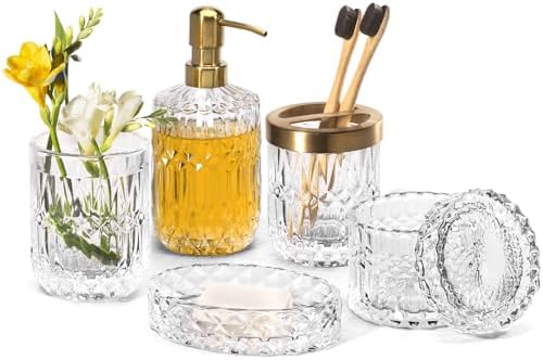 EMPO 6PCS Bathroom Clear Glass Accessories Set (Lotion Soap Dispenser, Soap Dish, Toothbrush Holder, Tumbler, Cotton Swab Jar), Contemporary Modern Decor Crystal Vintage Gift (6pcs Clear) by EMPO