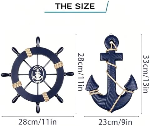 2 Pack 11" Nautical Beach Wooden Ship Wheel and 13" Wooden Anchor with Rope Nautical Boat Steering Wheel Rudder Anchor Wall Art Decor Door Hanging Ornament Beach Theme Home Decoration(Blue) - Image 2