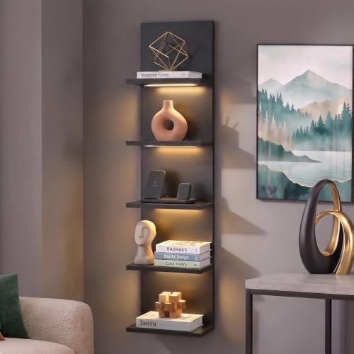 Homaterial 5 Tier Wall Shelf Unit with Light, Black - Image 4