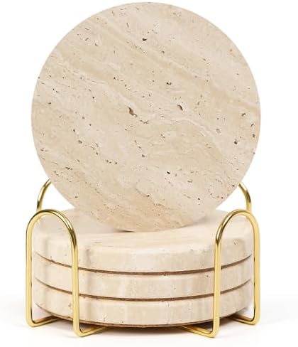 Natural Travertine Drink Coasters Set of 4 with Holder, 4" Round by YONGHEE
