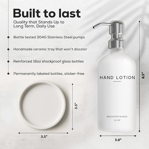White Glass Lotion Dispenser with Pump Bathroom Set by Brighter Barns - Hand Lotion Dispenser Set with Tray - Modern Bathroom Accessories for Guest House, Hotel, Spa, Restaurant, Gym, Gifts (White) - Image 3