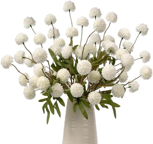 10Pcs 20.5" Artificial Pompon Mum Silk Flower Stems, Fake Chrysanthemum Ball Faux Flowers for Vase, Fall Floral Stems for Indoor Home Decor Wedding Centerpieces, White (No Vase) by ENALGRE