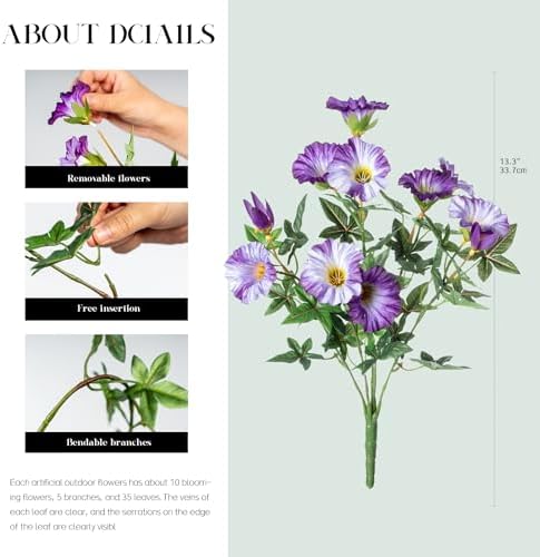 Dark Purple Artificial Morning Glory Flowers for Outdoor Planters, Premium UV Resistant Silk Faux Flowers for Porch, Hanging Basket & Window Box, Elegant Garden Decor, No Pot, 13.3 Inch, 4 Bundles - Image 2