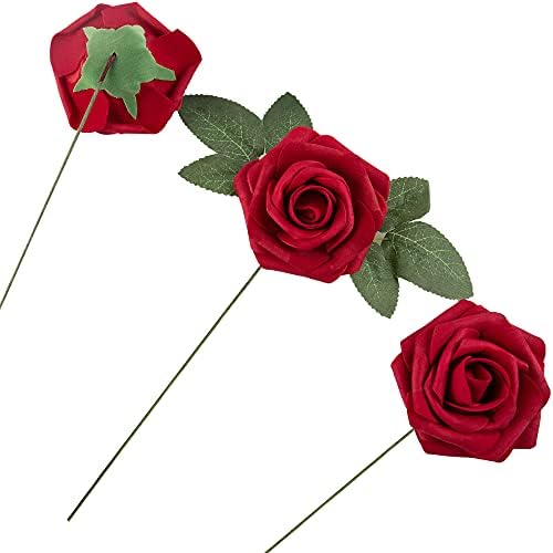 Artificial Flower Foam Rose 25pcs Real Looking Fake Rose with Stems Leaves for Home Decoration Party Garden Centerpieces DIY Wedding Bouquets（Dark Red） - Image 3