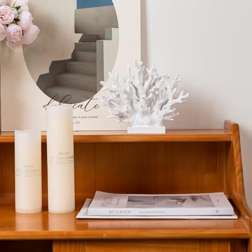 5.8" H White Coral Decor, Resin Coral Statue, Nautical Decorations for Home, Bedroom, Bathroom, Living Room, Beach/Coastal/Ocean Themed Cabinet Shelf Tabletop Decor - Image 2