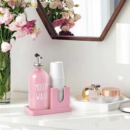 Glass Mouthwash Dispenser for Bathroom, 16 OZ Mouthwash Dispenser with Pour Spout and Wood Cup Holder and Tray, Mouth Wash Bottle Container, Farmhouse Kitchen Bathroom Decor and Accessories, Pink - Image 7