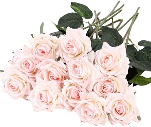 Kimura's Cabin 12pcs Real Touch Rose Artificial Flower Long Stem,Light Pink by WeddingPartyArrangementBouquetsDecorationArtificialFlowers