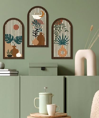 Putuo Decor Boho Wall Art, Abstract Botanical Room Decorations with Leaf & Sun Lines, Modern Minimalist Wooden Wall Decor 16x8 In Mid Century Artwork for Living Room Bedroom Office Set of 3 - Image 2
