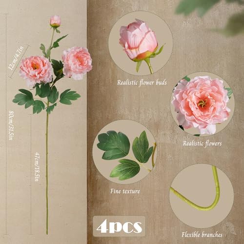 Silk Peony Artificial Flowers, 4PCS, Light Pink 31.5'' Long Sterm - Image 2