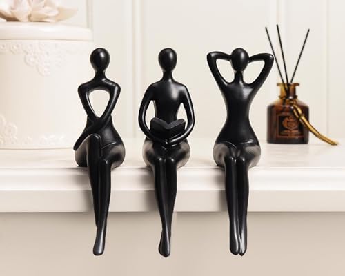 Quoowiit Black Thinker Statue Book Shelf Decor, Minimalist Modern Home Decor Collectable Figurines Office Desk Unique Coffee Table Decorations for Living Room 3 Piece - Image 2