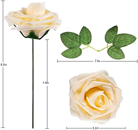 Artificial Flower Foam Rose 25pcs Real Looking Fake Rose with Stems Leaves for Home Decoration Party Garden Centerpieces DIY Wedding Bouquets（Champagne） - Image 2