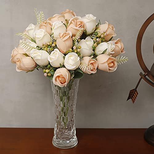 Artificial Rose Flowers 20 Heads 2 Bundles Silk Bouquet, Champagne & Cream - Image 3