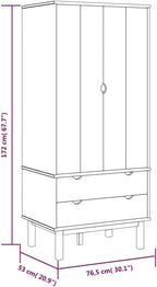Compact Brown Wardrobe with 2 Drawers and Large Compartment, Solid Pine Wood - Image 2