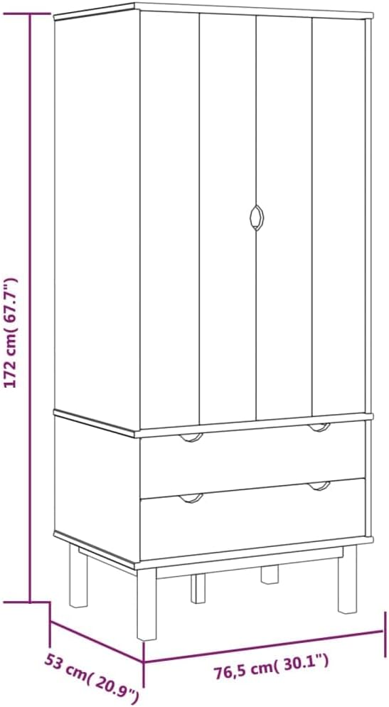 Compact Brown Wardrobe with 2 Drawers and Large Compartment, Solid Pine Wood - Image 2