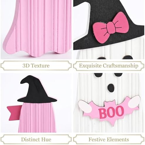 Valery Madelyn Pink Halloween Decor, Set of 2 Cute Halloween Ghost Decor, Witch Hat Boo & Trick or Treat Wooden Tabletop Signs for Home, Shelf, Tiered Tray Party Display, 5 Inch - Image 6