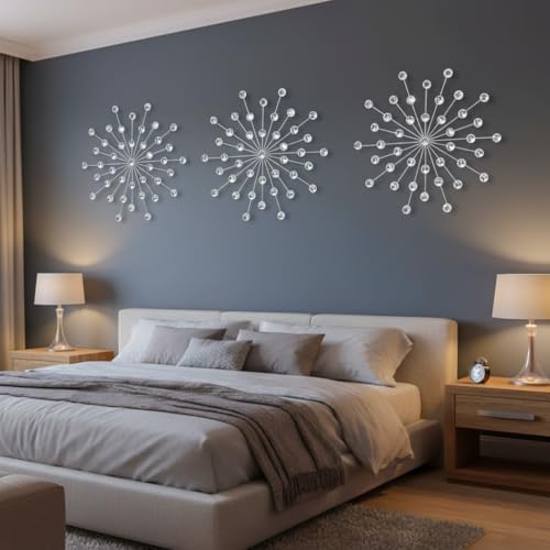 ZEXUIRU 3 Set Silver Starburst Wall Art for Home Decor Metal Bling Crystal Rhinestones Sunburst Wall Decor Sparkling Rhinestone Art Accent Silver - 18in - Image 3