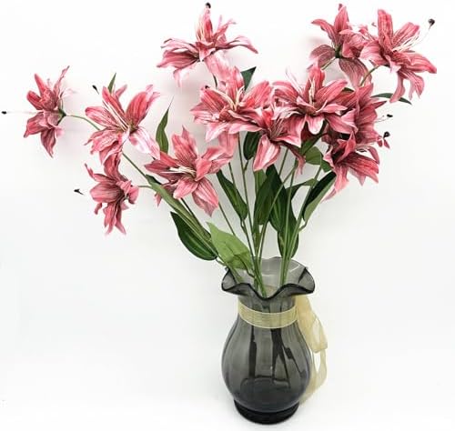 Artifical Lily Flowers Full Bloom Silk Flower Long Stems 4 Pack, Fake Stargazer Lilies Bundles Faux Tiger Lily Floral Plant for Wedding Bouquet Home Hotel Office Vase Arrangement Party Decor - Pink - Image 2