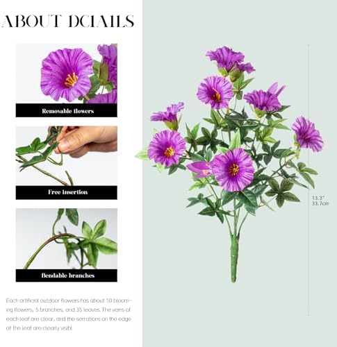 Purple Artificial Morning Glory Flowers for Outdoor Planters, Premium UV Resistant Silk Faux Flowers for Porch, Hanging Basket & Window Box, Cottage Garden Decor, No Pot, 13.3 Inch, 4 Bundles - Image 2