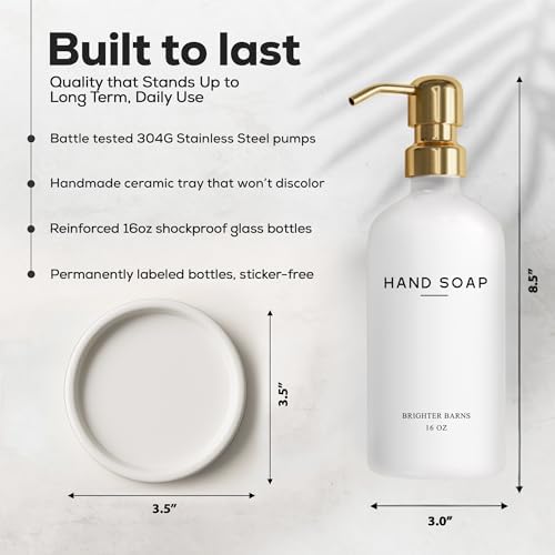 Luxury Glass Hand Soap Dispenser Bathroom Set by Brighter Barns - Hand Soap Dispenser with Stainless Steel Pump - Glass Bottle with Round Tray - White and Gold Bathroom Decor & Accessories (Gold) - Image 3