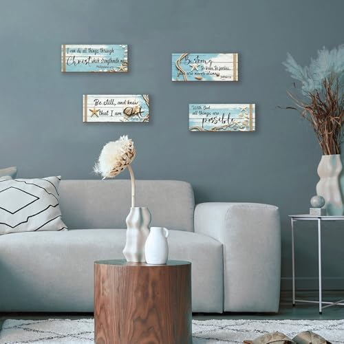 4 Pieces Ocean Wall Decor Beach Bathroom Decor With Bible Verses Wooden Christian Farmhouse Sign for Home Religious Prayer Wall Art for Living Room Office Bedroom Bathroom(Ocean,10x4") - Image 7