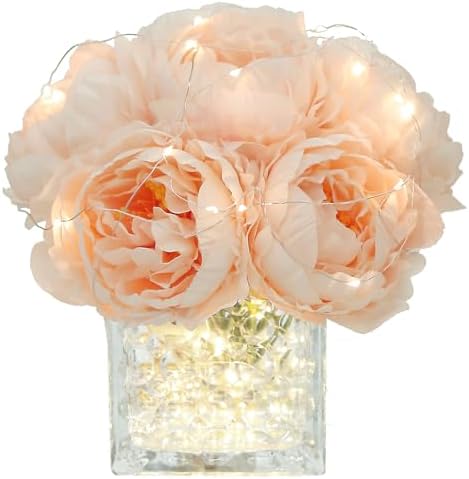 Artificial Peony Silk Flower Centerpieces with LED Light Faux Floral Arrangement in Glass Vase for Home Wedding Table Decoration (Blush Peach) by GreenHouzz