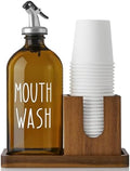 Amber Glass Mouthwash Dispenser for Bathroom, 16 OZ Mouthwash Dispenser with Pour Spout and Acacia Wood Cup Holder and Tray, Mouth Wash Bottle Container for Kitchen Bathroom Decor and Accessories by Bivvclaz
