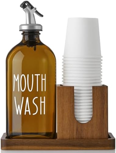 Amber Glass Mouthwash Dispenser for Bathroom, 16 OZ Mouthwash Dispenser with Pour Spout and Acacia Wood Cup Holder and Tray, Mouth Wash Bottle Container for Kitchen Bathroom Decor and Accessories by Bivvclaz