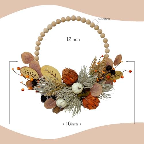 TEMPUS 16" Artificial Fall Wooden Beads Wreath with Leaves, Chrysanthemums & Mini Pumpkins - Handcrafted Harvest Decor for Front Door, Wall, Farmhouse (Indoor/Outdoor Use) - Image 3