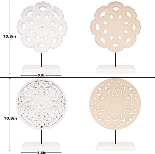 AXEARTE 2 Pack Wooden Carved Cutout Flower Medallion Sculpture, Rustic Distressed White MDF Statues Home Tabletop Decor, Decorative Ornaments for Living Room, Bedroom, Office Desktop, Cabinets - Image 2