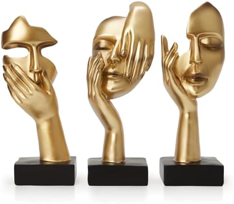 Gold Decor Thinker Statues Set of 3,Golden Abstract Face Resin Sculptures,Home Decor Accents,Office Bookshelf Decor, Shelf Side, Table Decorations for Living Room, Gift for Friends (gold-3Pcs) by maozyiltle