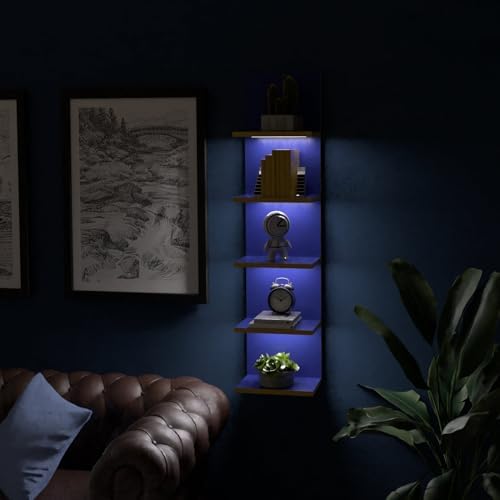Homaterial 5 Tier Wall Shelf Unit with Light, Blue - Image 6
