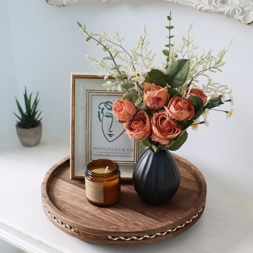 Round Wooden Decorative Tray Coffee Table Tray Home Decor 11.8"Strip Rustic - Image 3